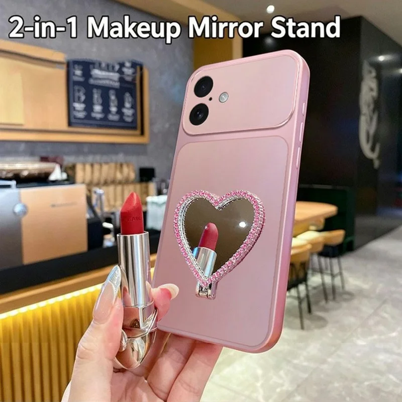 2-in-1 Makeup Mirror Kickstand Phone Case for iPhone 17 Metallic Paint PC+TPU Back Cover - Silver