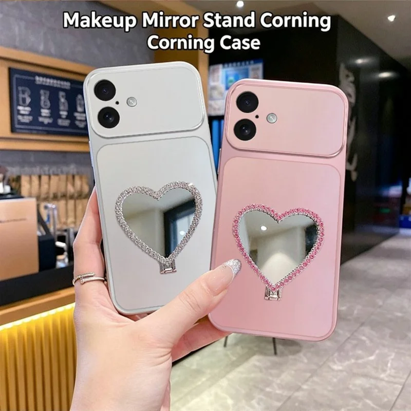 2-in-1 Makeup Mirror Kickstand Phone Case for iPhone 17 Metallic Paint PC+TPU Back Cover - Silver