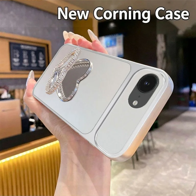 2-in-1 Makeup Mirror Kickstand Phone Case for iPhone 17e  /  16e Metallic Paint PC+TPU Back Cover - Silver