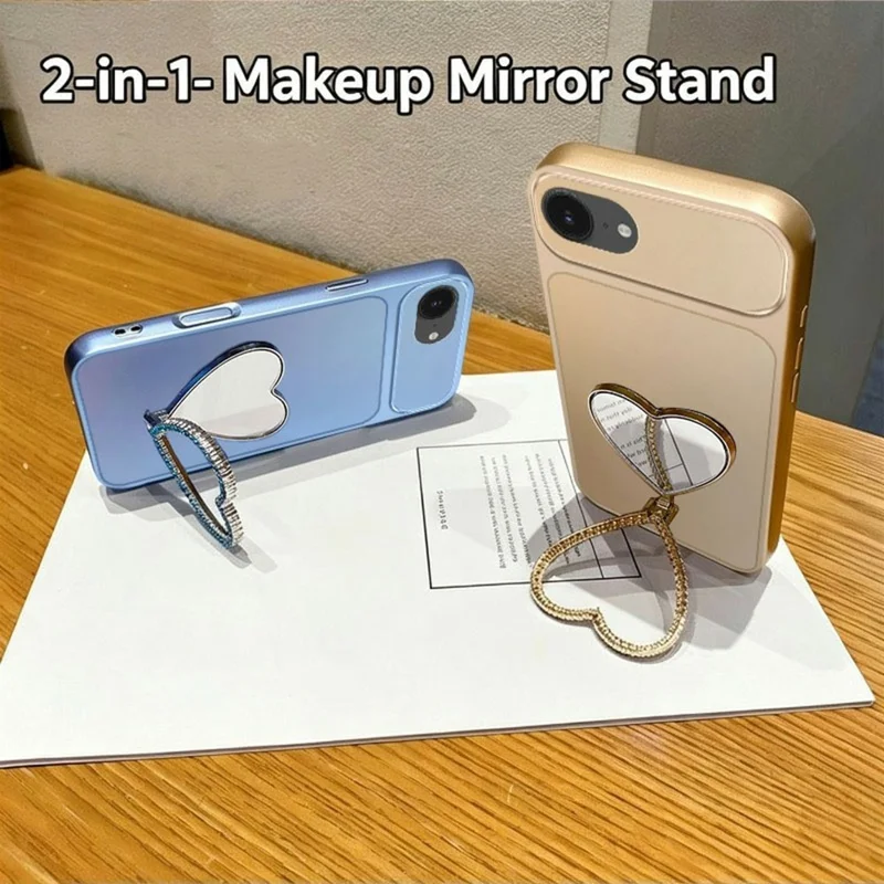 2-in-1 Makeup Mirror Kickstand Phone Case for iPhone 17e  /  16e Metallic Paint PC+TPU Back Cover - Silver