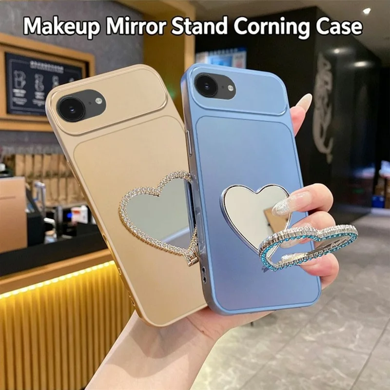 2-in-1 Makeup Mirror Kickstand Phone Case for iPhone 17e  /  16e Metallic Paint PC+TPU Back Cover - Silver