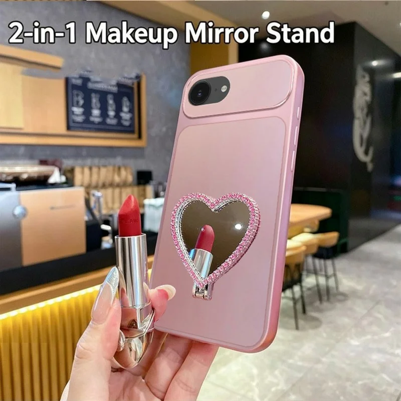2-in-1 Makeup Mirror Kickstand Phone Case for iPhone 17e  /  16e Metallic Paint PC+TPU Back Cover - Silver