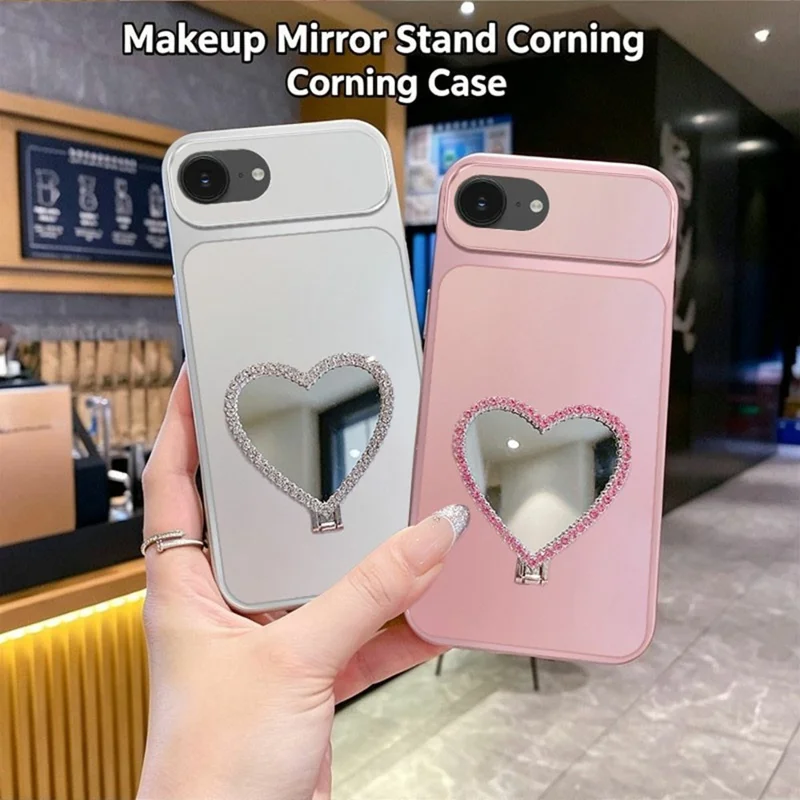 2-in-1 Makeup Mirror Kickstand Phone Case for iPhone 17e  /  16e Metallic Paint PC+TPU Back Cover - Silver