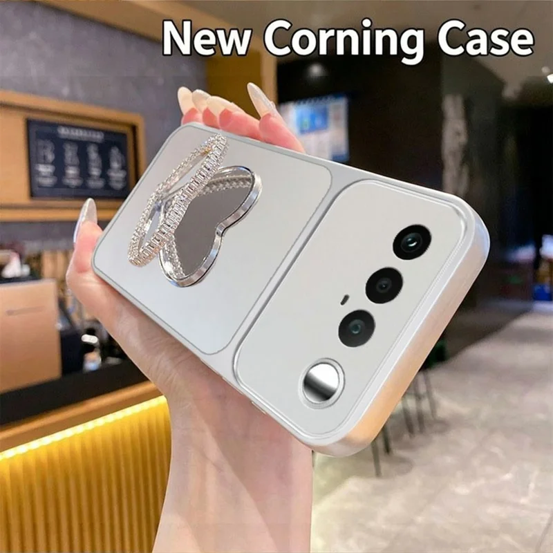 2-in-1 Makeup Mirror Kickstand Phone Case for Realme 16 5G Metallic Paint PC+TPU Back Cover - Silver