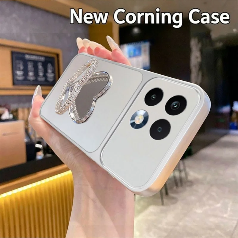 2-in-1 Makeup Mirror Kickstand Phone Case for Realme 16T 5G Metallic Paint PC+TPU Back Cover - Silver