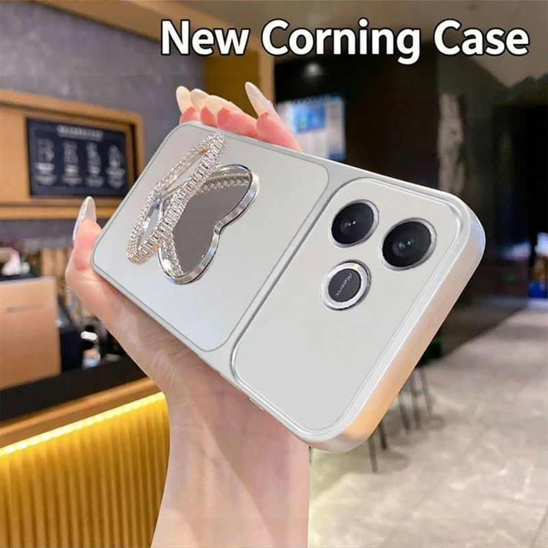 2-in-1 Makeup Mirror Kickstand Phone Case for Honor 600 Lite 5G Metallic Paint PC+TPU Back Cover - Silver