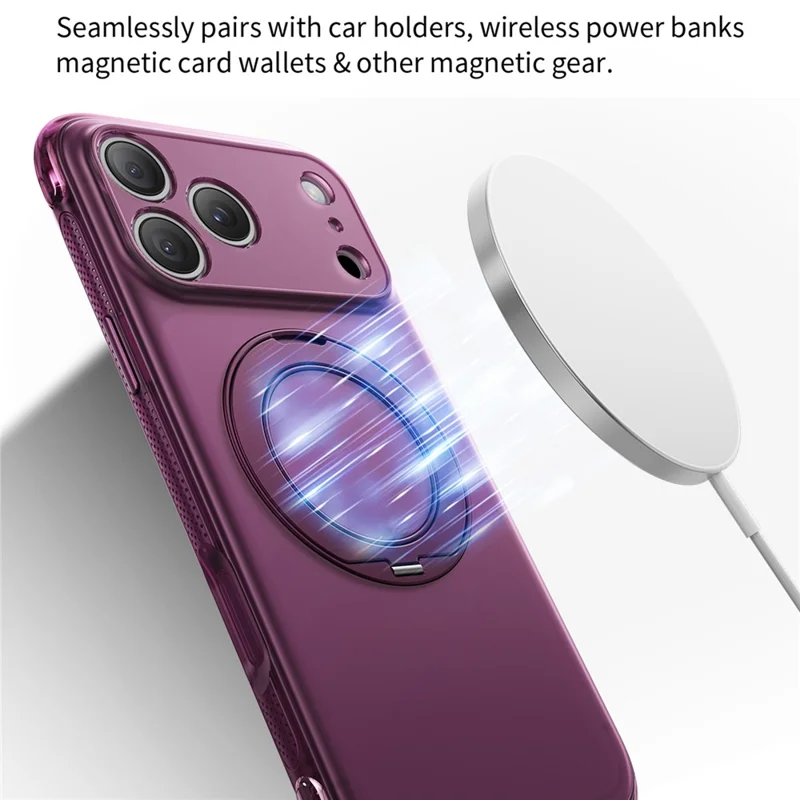 Magnetic Phone Case for iPhone 18 Pro Max  /  17 Pro Max Air Cushion Drop-proof PC+TPU Back Cover with Ring Kickstand - Wine Red