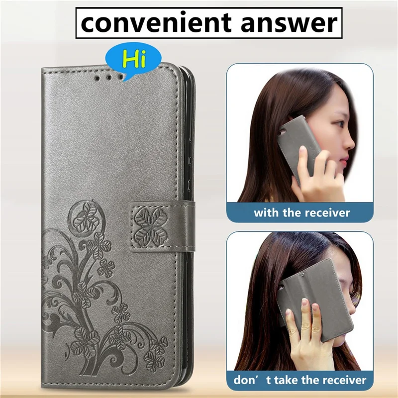 Capa para Xiaomi Redmi Note 17 4G com Vidro Temperado e Filme de Trevo de Quatro Folhas em Couro com Carteira - Cinzento