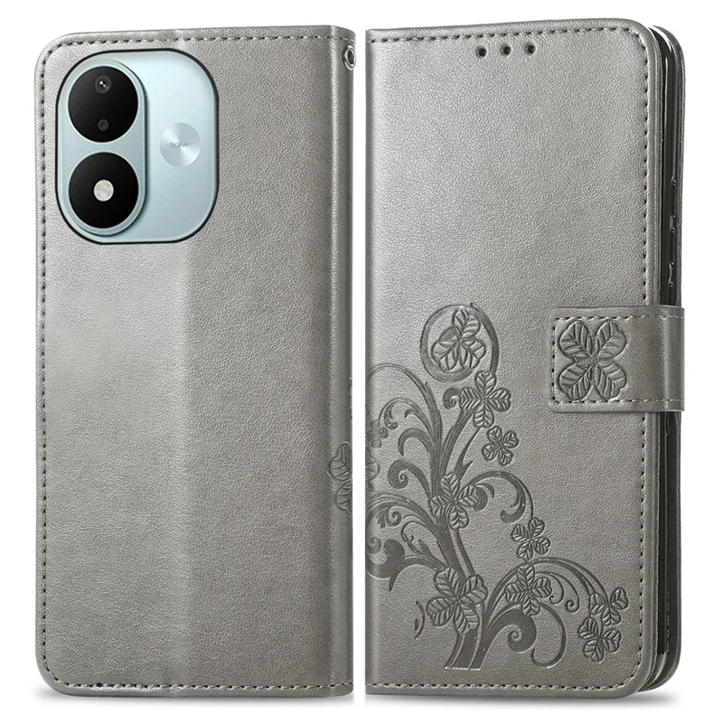 Capa para Xiaomi Redmi Note 17 4G com Vidro Temperado e Filme de Trevo de Quatro Folhas em Couro com Carteira - Cinzento
