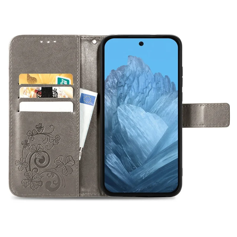 Capa para Xiaomi Redmi Note 17 4G com Vidro Temperado e Filme de Trevo de Quatro Folhas em Couro com Carteira - Cinzento