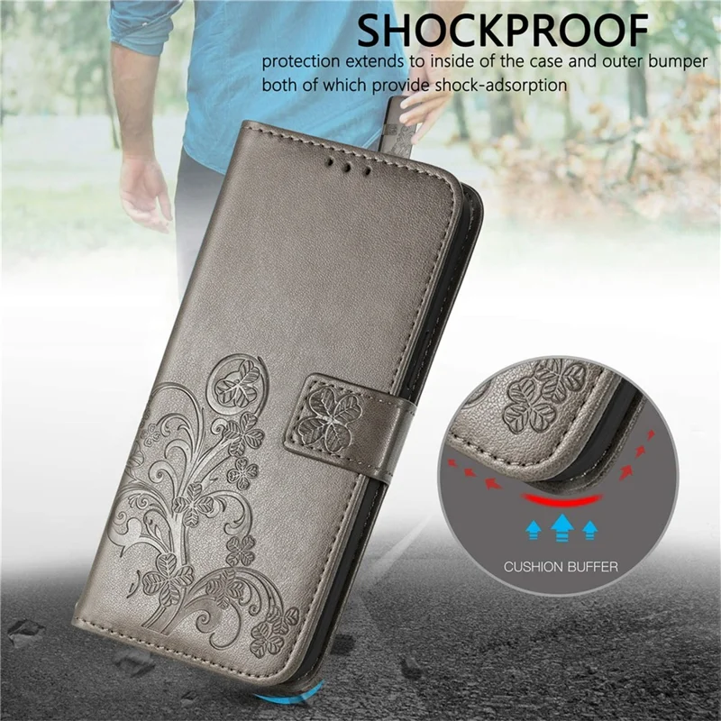 Capa para Xiaomi Redmi Note 17 4G com Vidro Temperado e Filme de Trevo de Quatro Folhas em Couro com Carteira - Cinzento