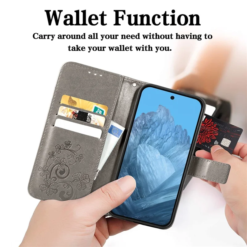 Capa para Xiaomi Redmi Note 17 4G com Vidro Temperado e Filme de Trevo de Quatro Folhas em Couro com Carteira - Cinzento