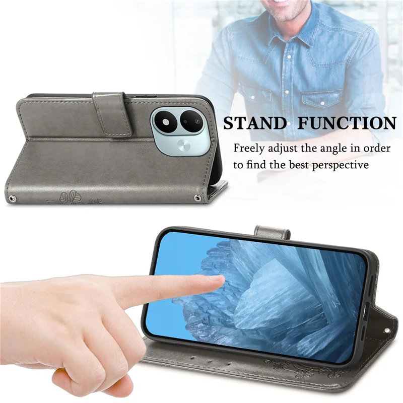 Capa para Xiaomi Redmi Note 17 4G com Vidro Temperado e Filme de Trevo de Quatro Folhas em Couro com Carteira - Cinzento