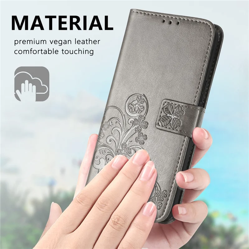 Capa para Xiaomi Redmi Note 17 4G com Vidro Temperado e Filme de Trevo de Quatro Folhas em Couro com Carteira - Cinzento