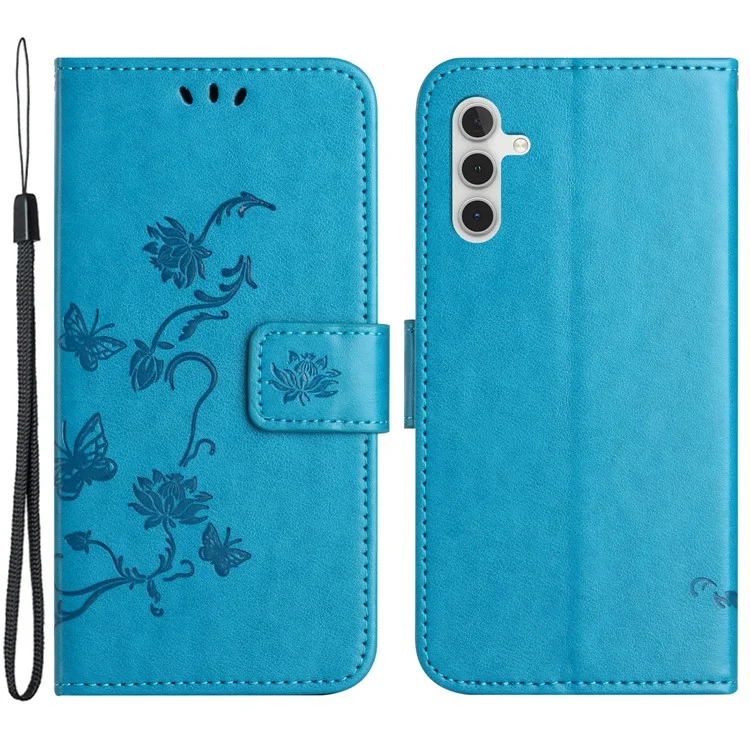 Para Samsung Galaxy A54 5G Carteira Caso de Telefone de Couro PU Estojo Rígido Stand Impresso Padrão de Flor de Borboleta Smartphone Cover - Azul