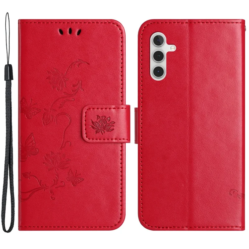 For Samsung Galaxy A54 5G Wallet PU Leather Phone Case Sturdy Stand Imprinted Butterfly Flower Pattern Smartphone Cover - Red