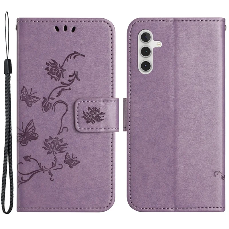 For Samsung Galaxy A34 5G Imprinted Butterfly Flower Pattern PU Leather Flip Cover Magnetic Closure Stand Wallet Folio Phone Case with Strap - Purple