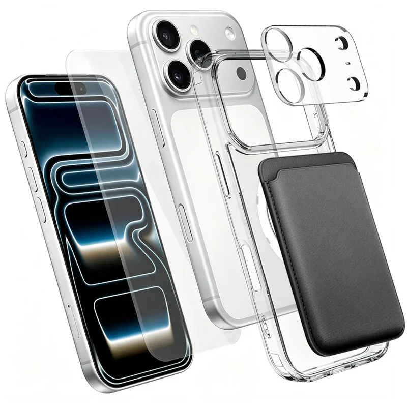 For iPhone 18 Pro Max Magnetic Case TPU + PC Clear Phone Cover with High Aluminium-silicon Glass Screen Protector + Lens Protector + Card Holder - Transparent - 1