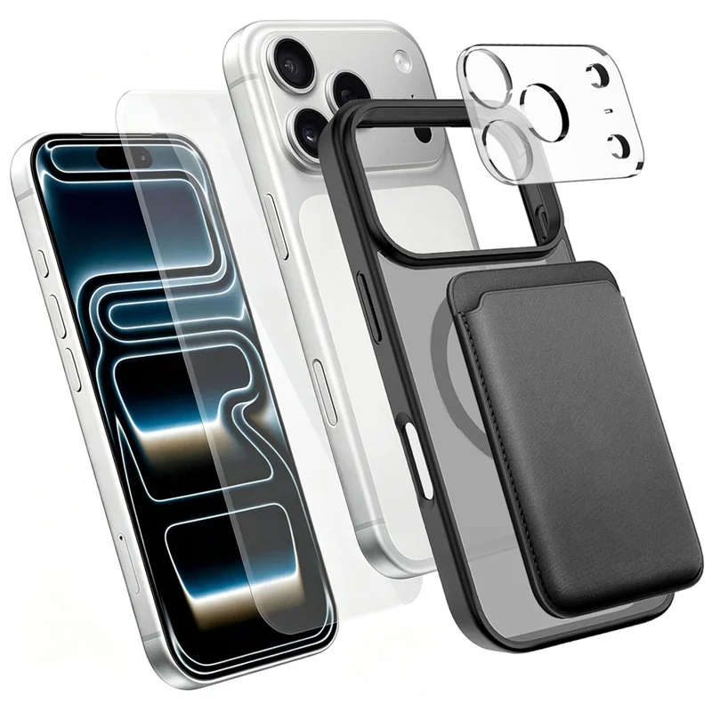 For iPhone 18 Pro Max Magnetic Case TPU + PC Phone Cover with High Aluminium-silicon Glass Screen Protector + Lens Protector + Card Holder - Black - 1