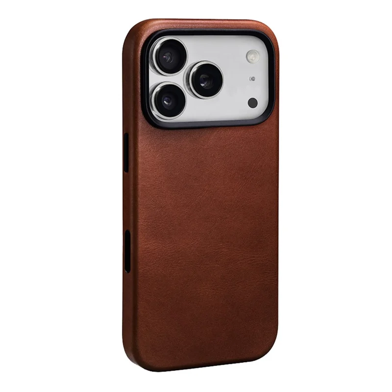ICARER for iPhone 17 Pro Max Magnetic Case Full Wrapped Waxy Genuine Cow Leather + PC Protective Cover - Brown