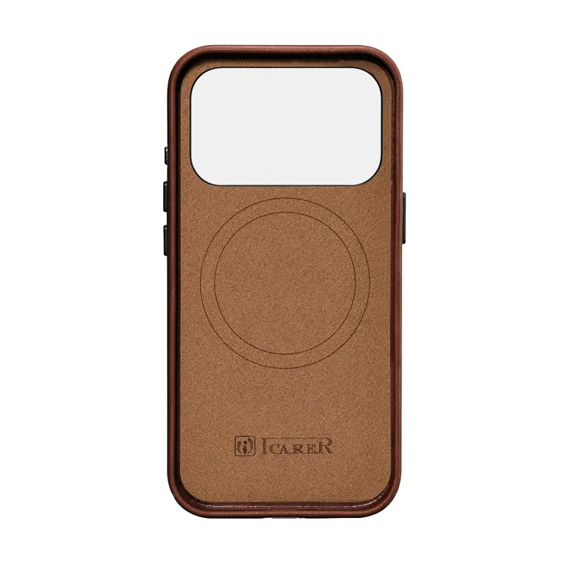 ICARER for iPhone 17 Pro Max Magnetic Case Full Wrapped Waxy Genuine Cow Leather + PC Protective Cover - Brown