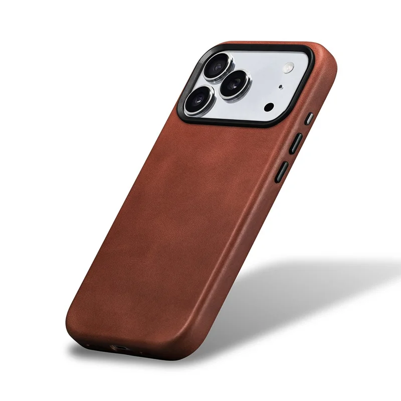 ICARER for iPhone 17 Pro Max Magnetic Case Full Wrapped Waxy Genuine Cow Leather + PC Protective Cover - Brown