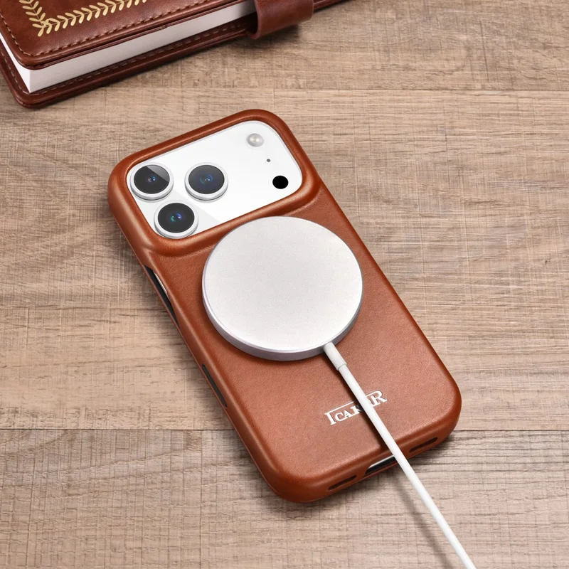 ICARER for iPhone 17 Pro Magnetic Case Full Wrapped Waxy Genuine Cow Leather + PC Protective Cover - Brown