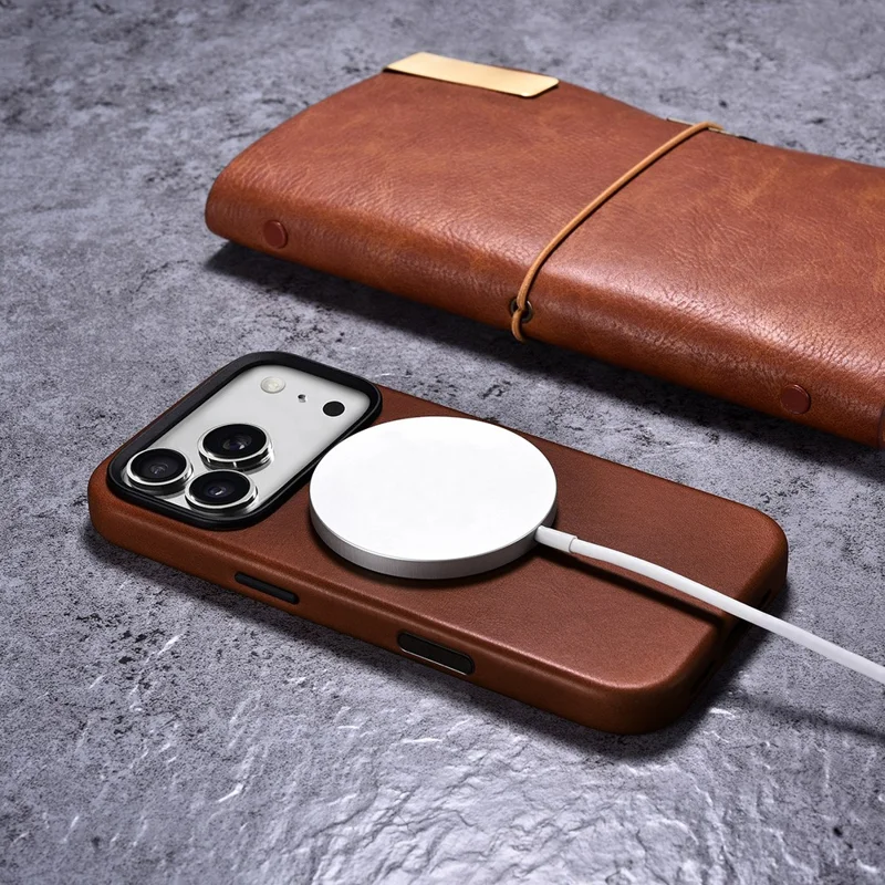 ICARER for iPhone 17 Pro Magnetic Case Full Wrapped Waxy Genuine Cow Leather + PC Protective Cover - Brown