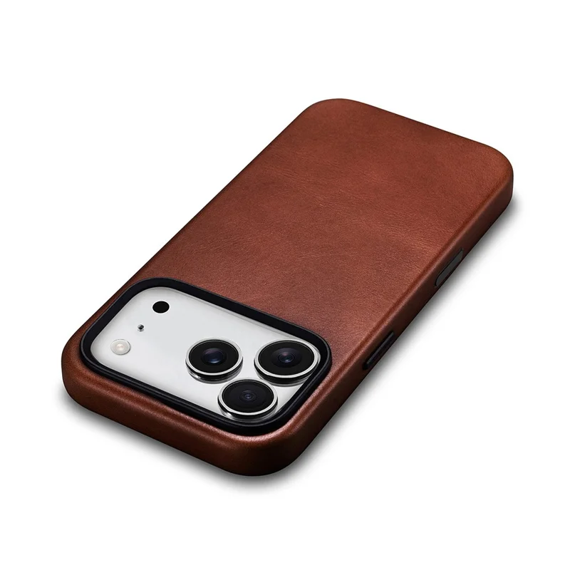 ICARER for iPhone 17 Pro Magnetic Case Full Wrapped Waxy Genuine Cow Leather + PC Protective Cover - Brown