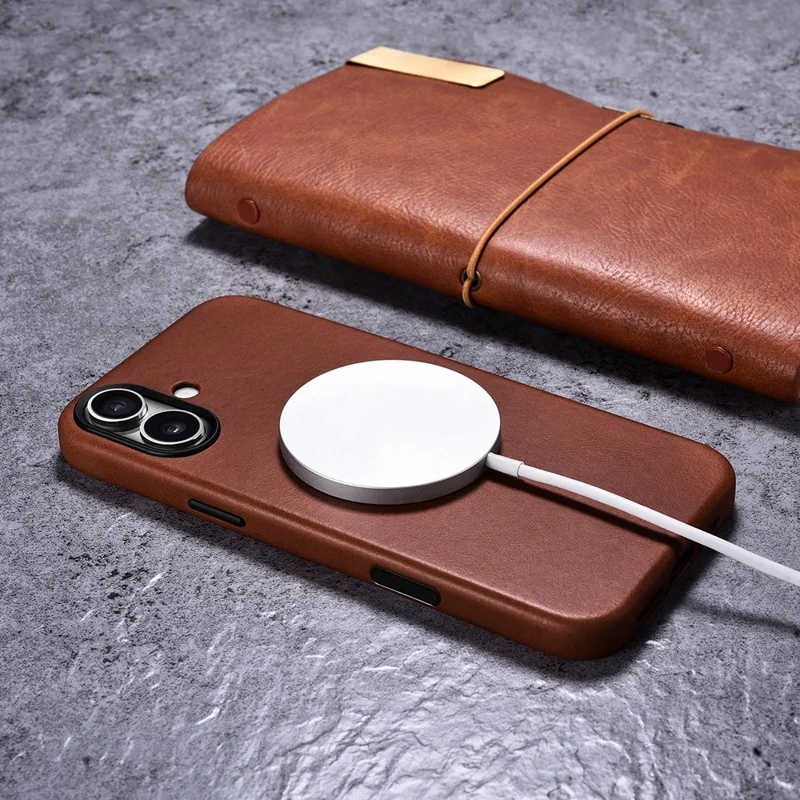 ICARER for iPhone 17 Magnetic Case Full Wrapped Waxy Genuine Cow Leather + PC Protective Cover - Brown