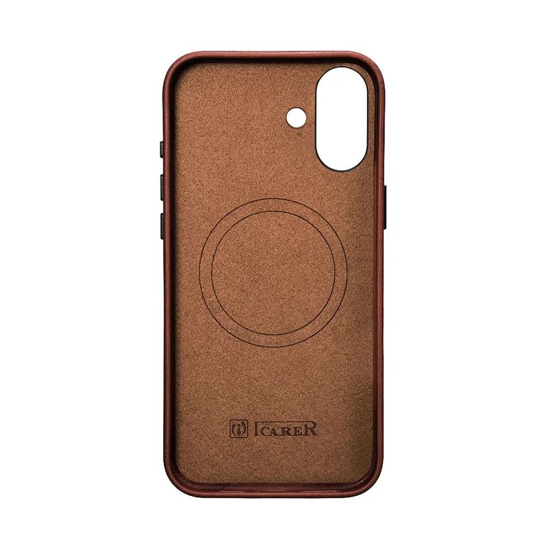 ICARER for iPhone 17 Magnetic Case Full Wrapped Waxy Genuine Cow Leather + PC Protective Cover - Brown