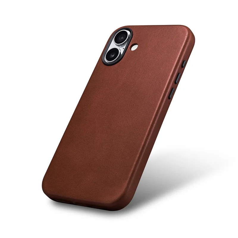 ICARER for iPhone 17 Magnetic Case Full Wrapped Waxy Genuine Cow Leather + PC Protective Cover - Brown