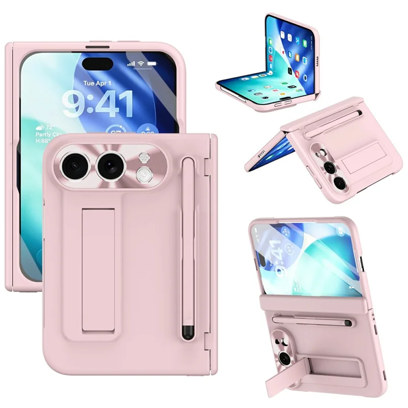För iPhone Fold Skal Med Fällbar Ställare PC Mobilt Skal Med Skärmskydd Och Pekpenna - Rosa