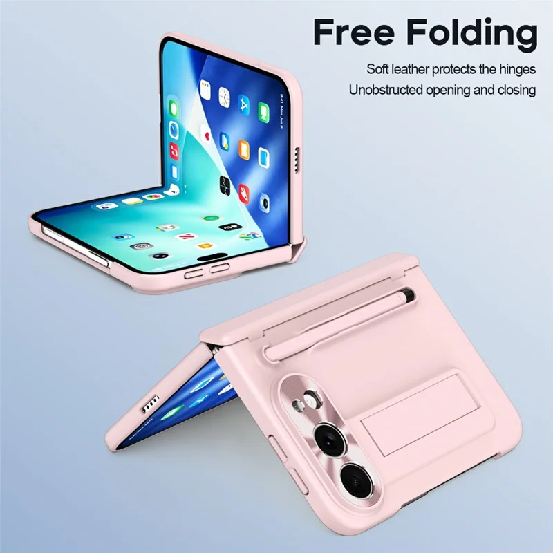 För iPhone Fold Skal Med Fällbar Ställare PC Mobilt Skal Med Skärmskydd Och Pekpenna - Rosa