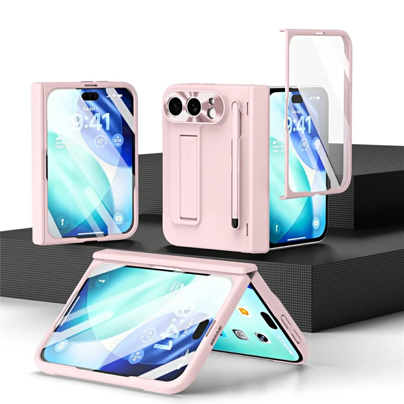 För iPhone Fold Skal Med Fällbar Ställare PC Mobilt Skal Med Skärmskydd Och Pekpenna - Rosa