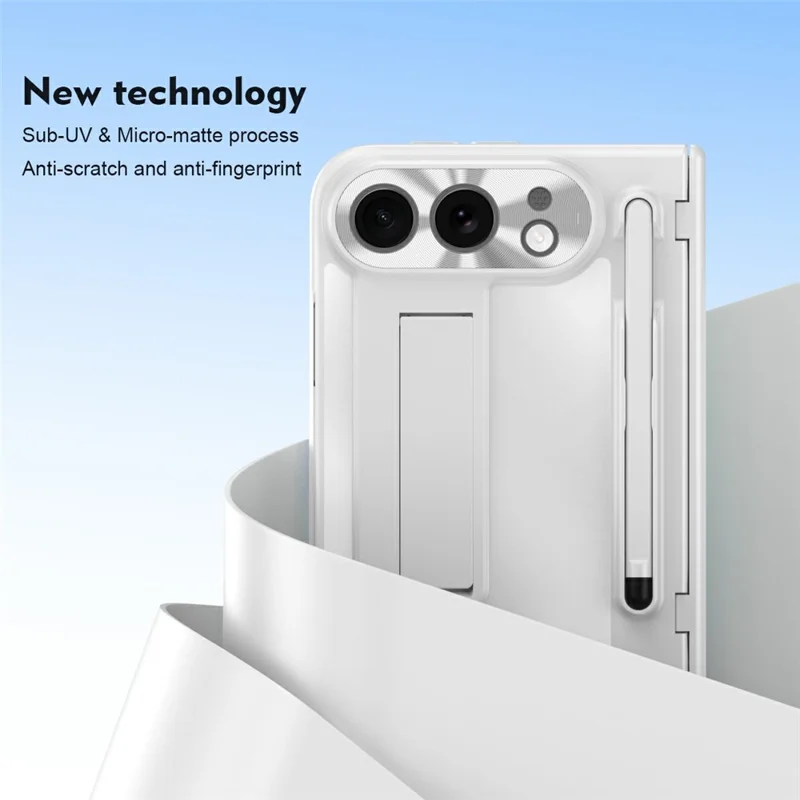 For iPhone Duo Case Kickstand Hinge PC Phone Cover with Tempered Glass Film, Stylus - White
