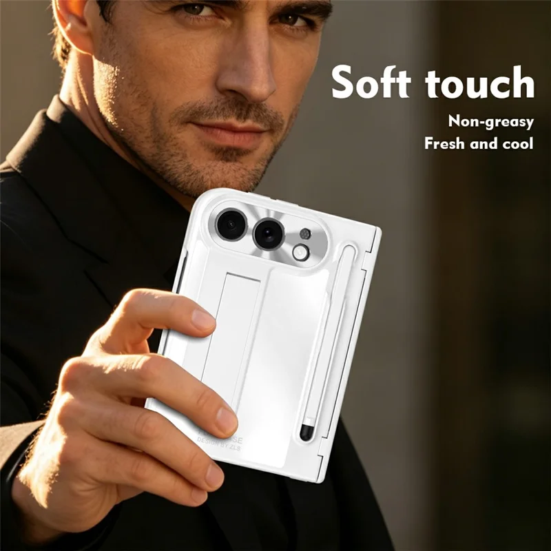 For iPhone Duo Case Kickstand Hinge PC Phone Cover with Tempered Glass Film, Stylus - White