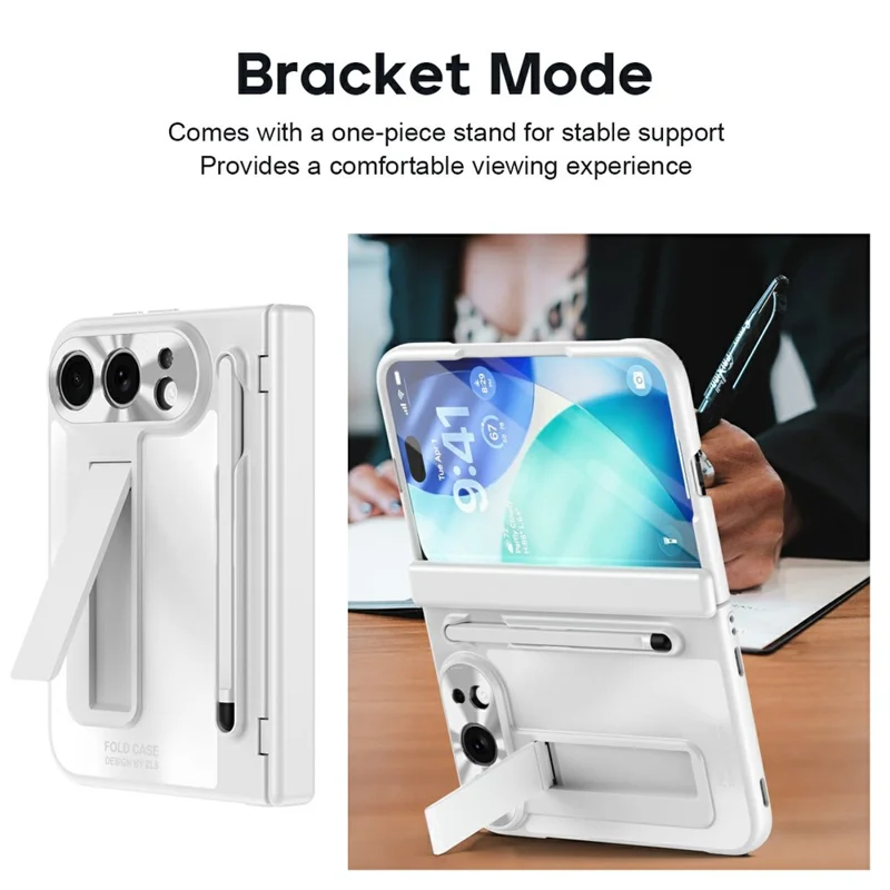 For iPhone Duo Case Kickstand Hinge PC Phone Cover with Tempered Glass Film, Stylus - White