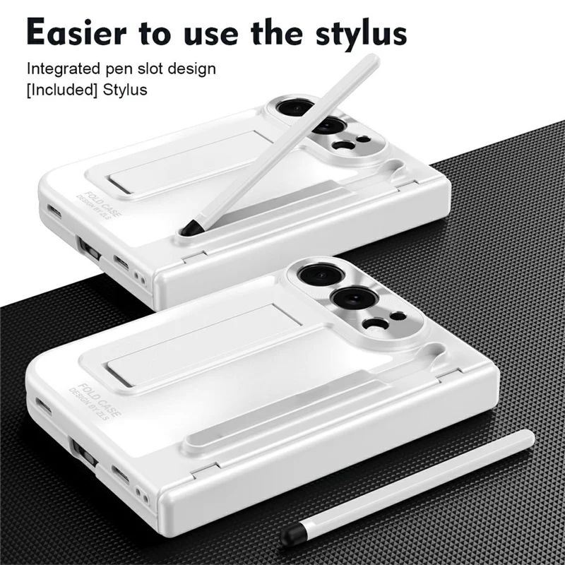 For iPhone Duo Case Kickstand Hinge PC Phone Cover with Tempered Glass Film, Stylus - White