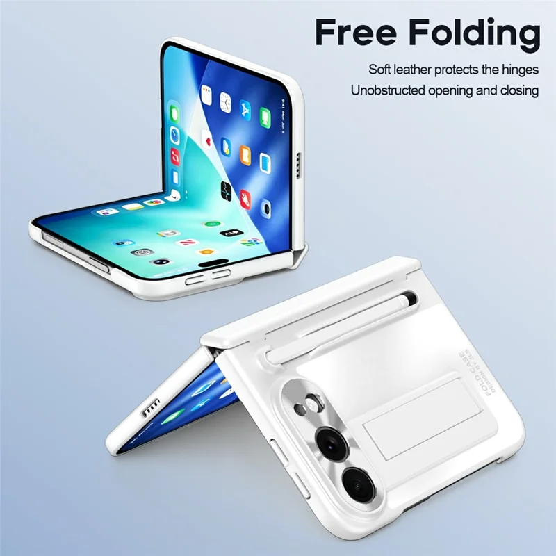 For iPhone Duo Case Kickstand Hinge PC Phone Cover with Tempered Glass Film, Stylus - White