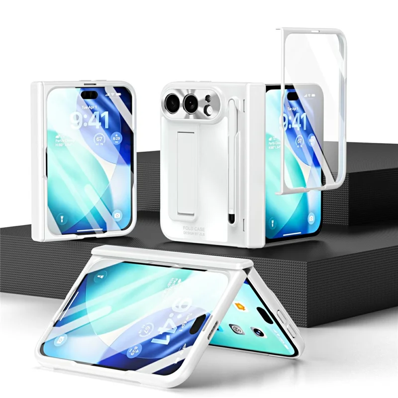 For iPhone Duo Case Kickstand Hinge PC Phone Cover with Tempered Glass Film, Stylus - White