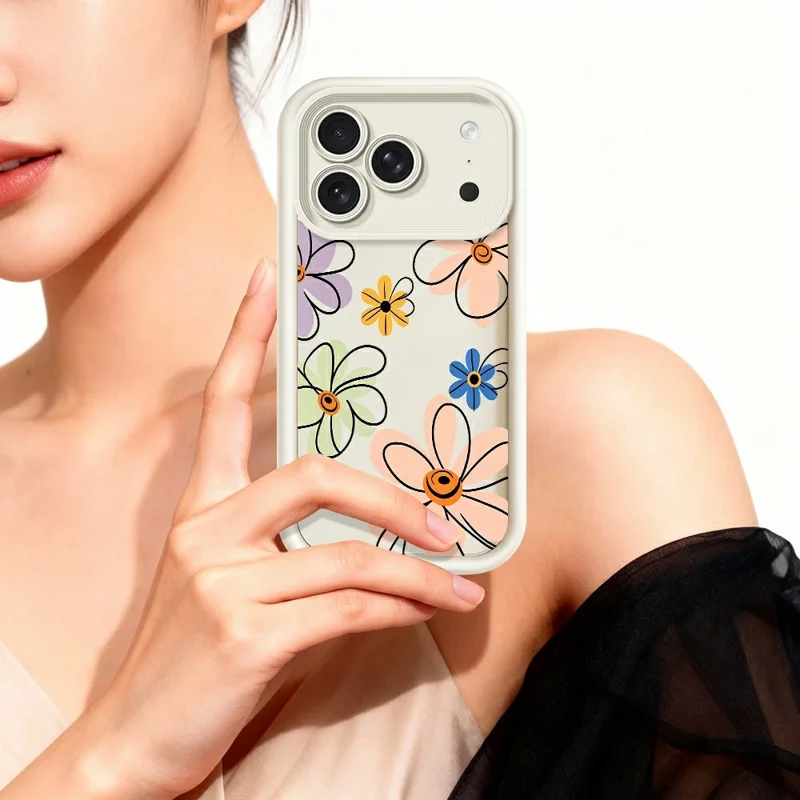 لـ iPhone 18 Pro Max / 17 Pro Max غطاء TPU بنمط زهري مرسوم يدويًا - أبيض