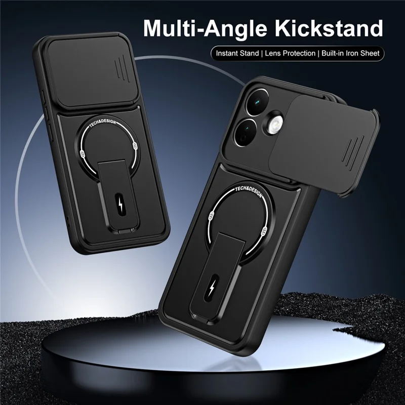 For Xiaomi Redmi Note 17 Pro 5G Case with Slide Camera Cover Kickstand Shockproof PC + TPU Matte Finish Phone Shell - Black
