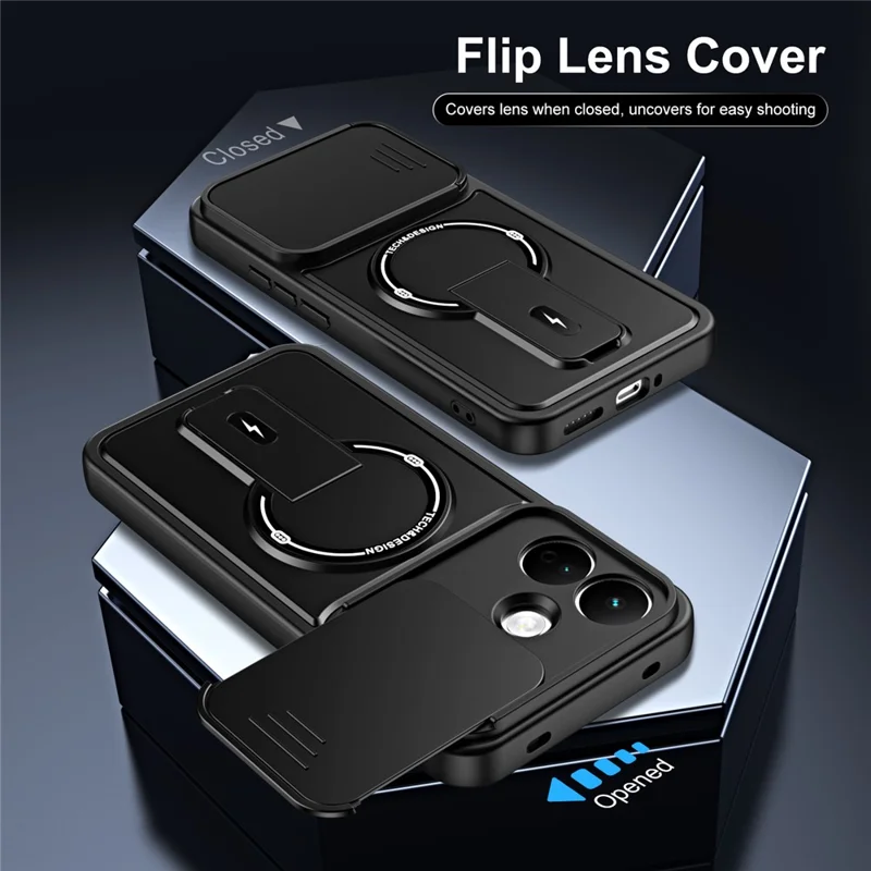 For Xiaomi Redmi Note 17 Pro 5G Case with Slide Camera Cover Kickstand Shockproof PC + TPU Matte Finish Phone Shell - Black
