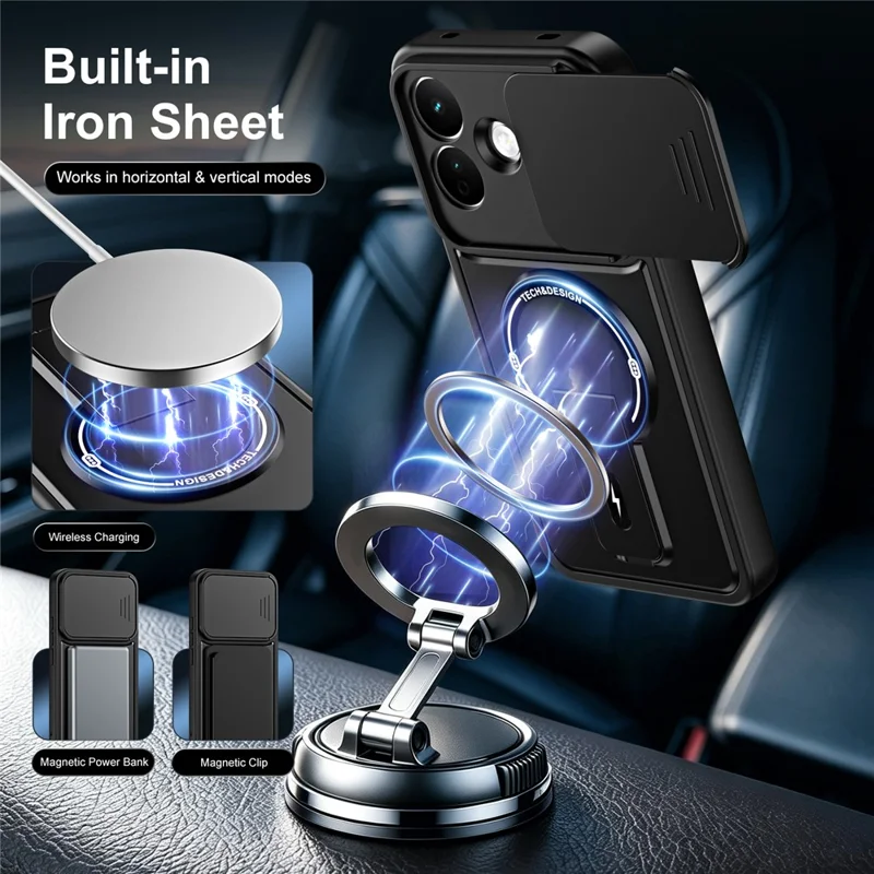For Xiaomi Redmi Note 17 Pro 5G Case with Slide Camera Cover Kickstand Shockproof PC + TPU Matte Finish Phone Shell - Black