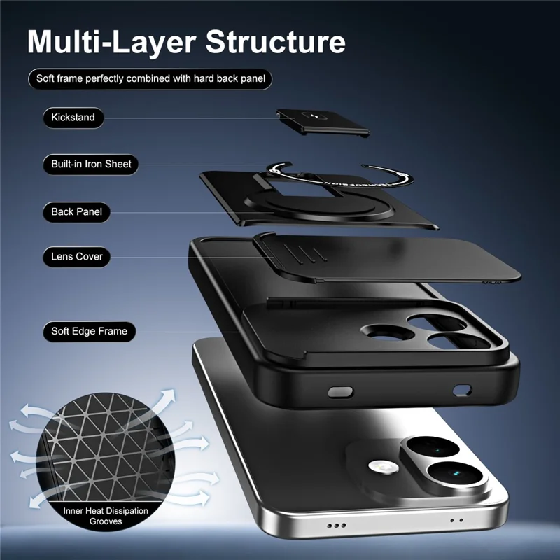 For Xiaomi Redmi Note 17 Pro 5G Case with Slide Camera Cover Kickstand Shockproof PC + TPU Matte Finish Phone Shell - Black
