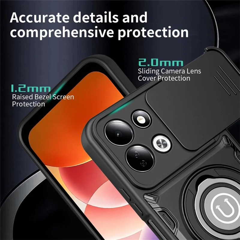Obudowa na Xiaomi Redmi 17 4G / 5G z przesuwaną osłoną aparatu, pierścieniem podpierającym, pokrowcem PC + TPU – Czarny