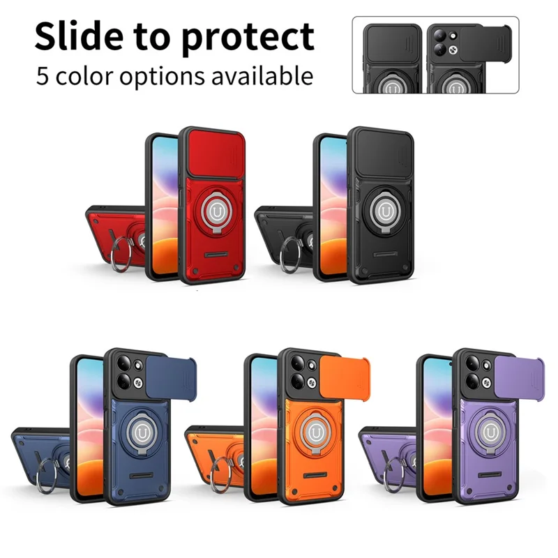Obudowa na Xiaomi Redmi 17 4G / 5G z przesuwaną osłoną aparatu, pierścieniem podpierającym, pokrowcem PC + TPU – Czarny