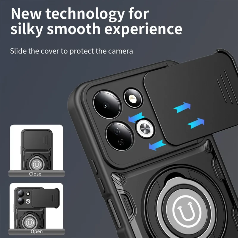 Obudowa na Xiaomi Redmi 17 4G / 5G z przesuwaną osłoną aparatu, pierścieniem podpierającym, pokrowcem PC + TPU – Czarny
