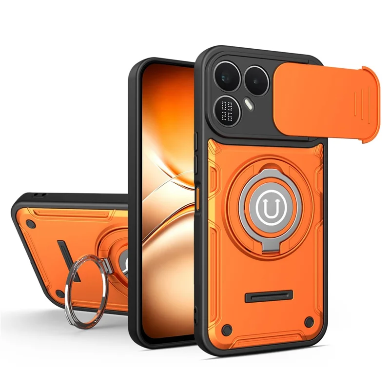 Чехол для TECNO Pova 8 5G с выдвижной крышкой камеры, кольцом-подставкой, корпусом из поликарбоната и ТПУ — Оранжевый